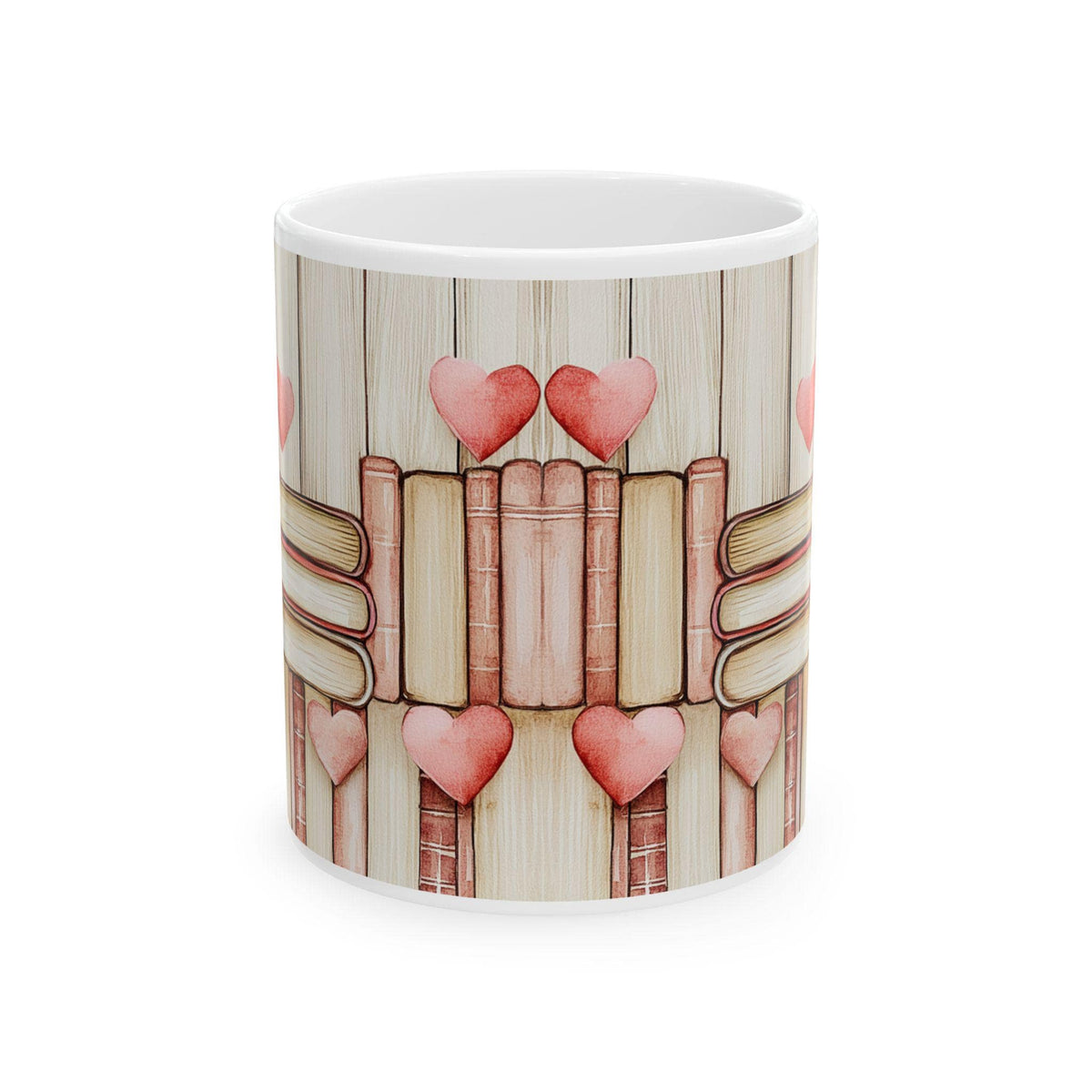 Valentine Mug,Book Stack with Hearts Mug ,Romantic Bookshelf.Book Lover Valentine Mug, Pink Heart Books Coffee Cup, Romantic Gift Mug