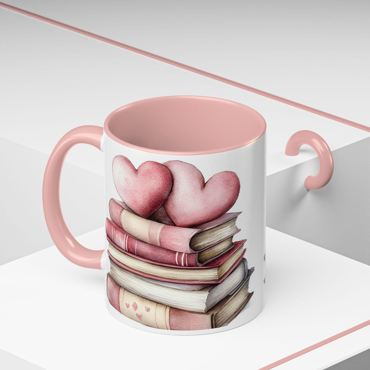 Stack of Books with Hearts Coffee Mug , Accent Pink Handle,Book Lover Valentine Mug, Pink Heart Books Coffee Cup, Romantic Gift Mug