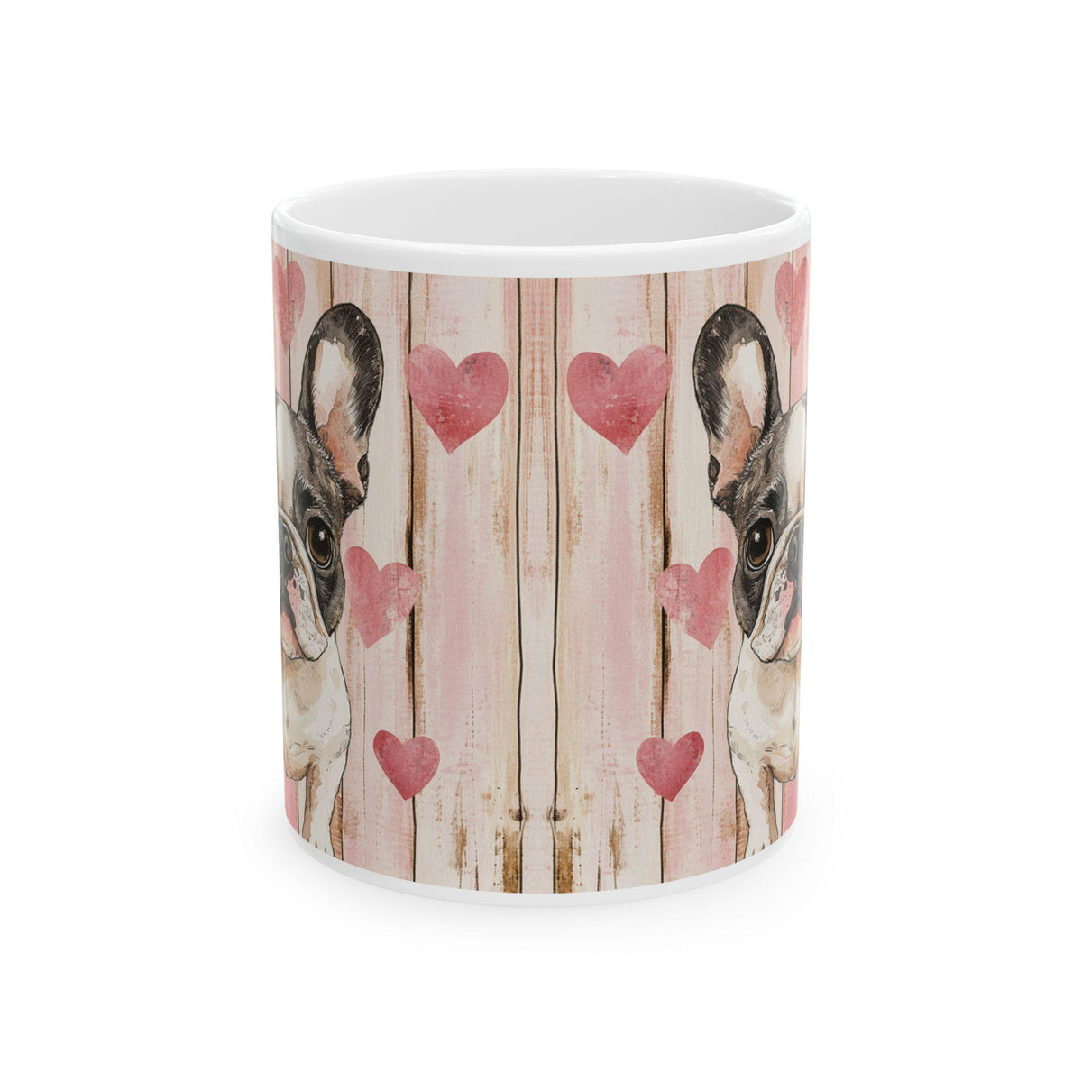 Valentine Mug,French Bulldog Hearts mug,Cute dog illustration,rustic pink heart pattern,Cute French Bulldog Mug with Hearts, Dog Lover