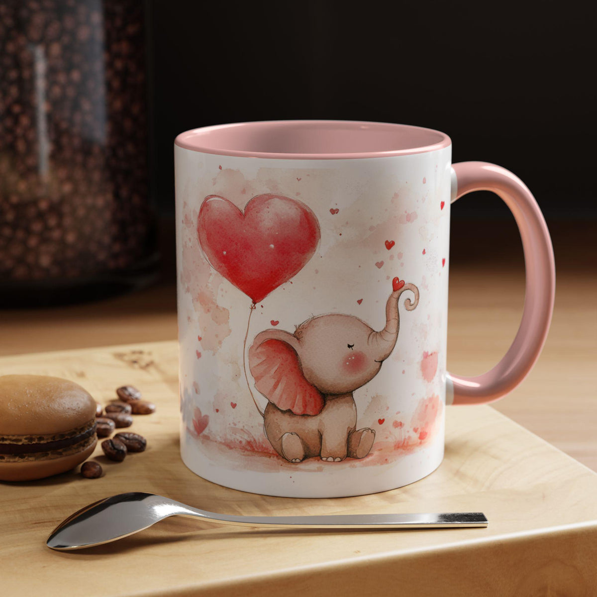 Valentine Mug ,Elephant with Heart Balloon Mug ,Accent Coffee Mug,Cute Baby Elephant Mug with Hearts ,Valentine Gift