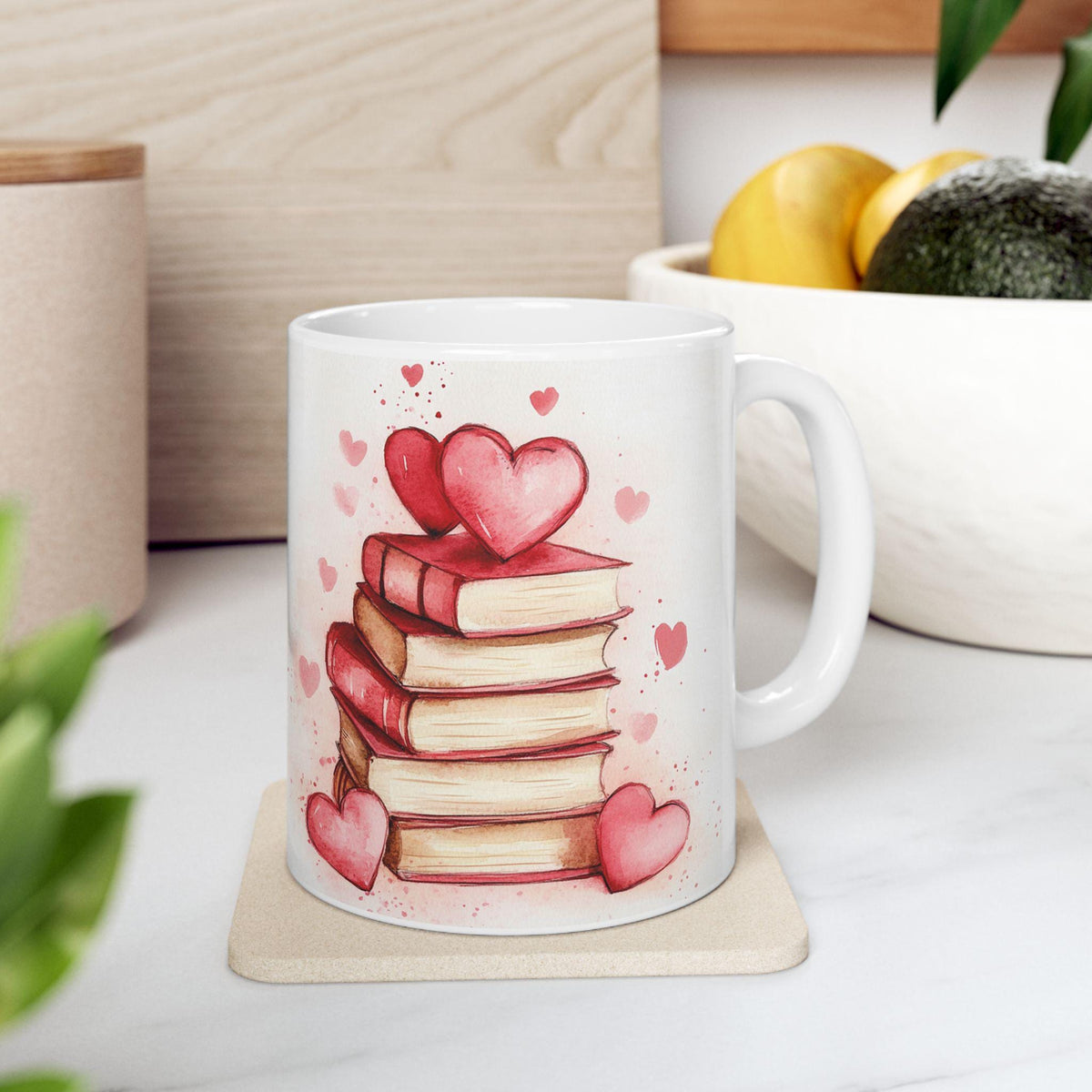 Love , Books Watercolor Mug , Book Lover Heart Design,Book Lover Gift Mug, Romantic Reading Mug with Hearts, Valentine Day Coffee Cup