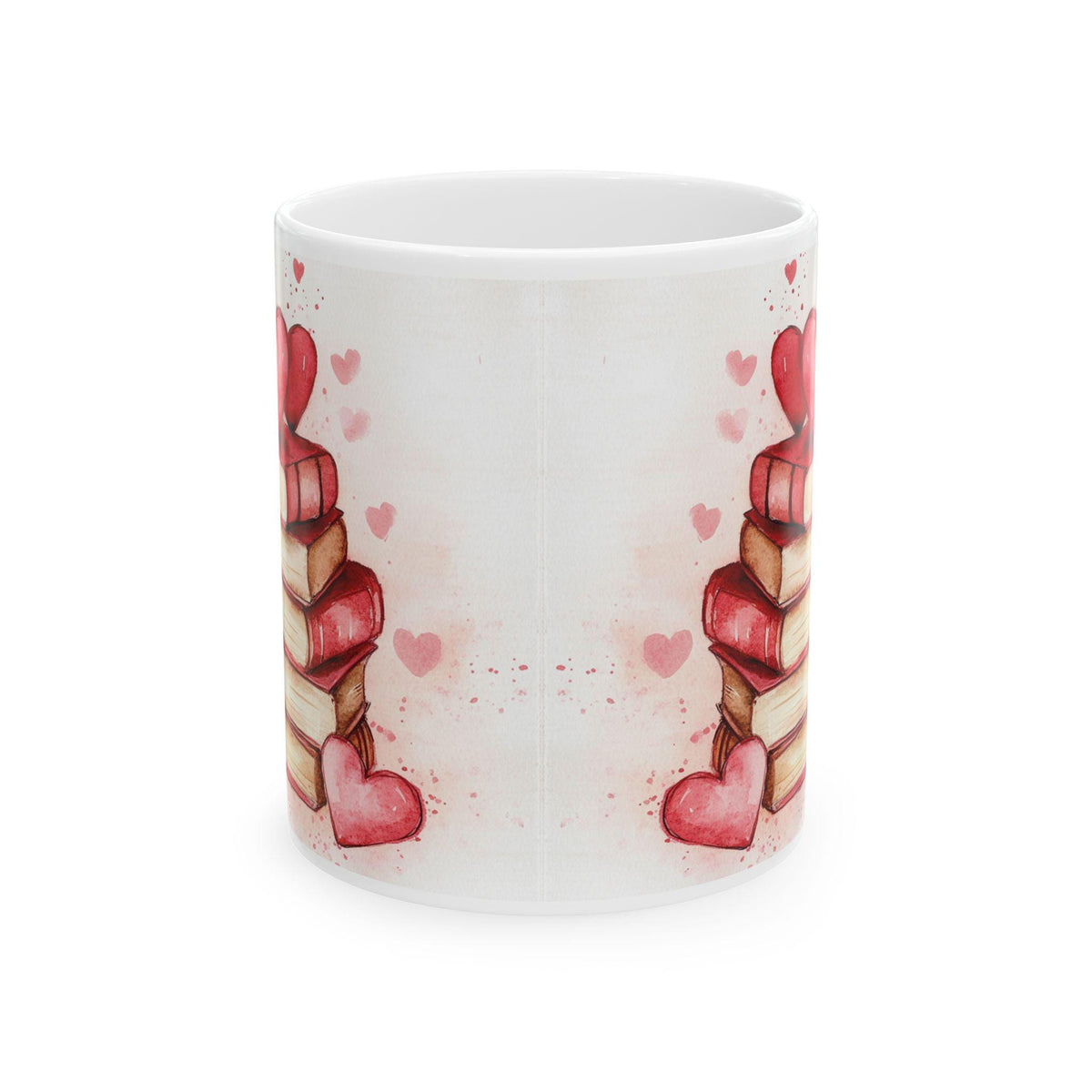 Love , Books Watercolor Mug , Book Lover Heart Design,Book Lover Gift Mug, Romantic Reading Mug with Hearts, Valentine Day Coffee Cup