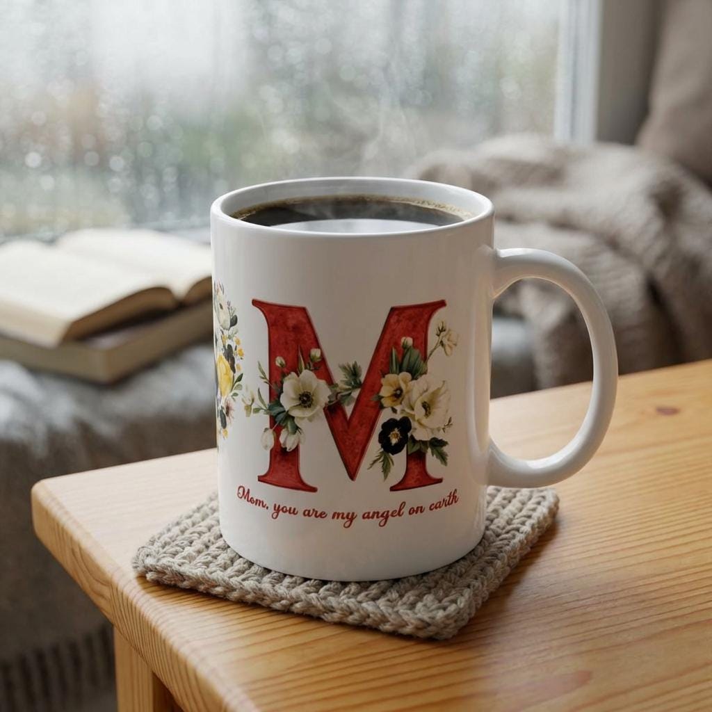Personalized Mothers Day Mug, Floral Red Initial M Coffee Cup, Mom You Are My Angel On Earth Gift, Special Gift for Mom from Daughter