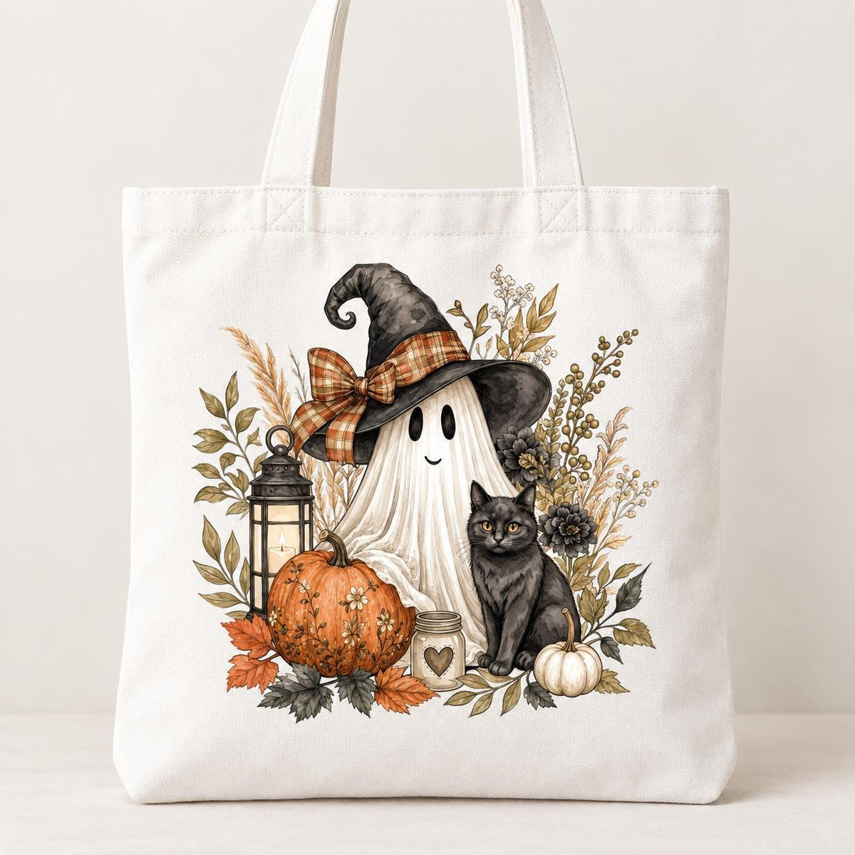 Halloween Ghost Tote Bag, Black Cat Witch Tote, Cute Spooky Season Bag, Pumpkin Fall Tote, Halloween Gift for Her