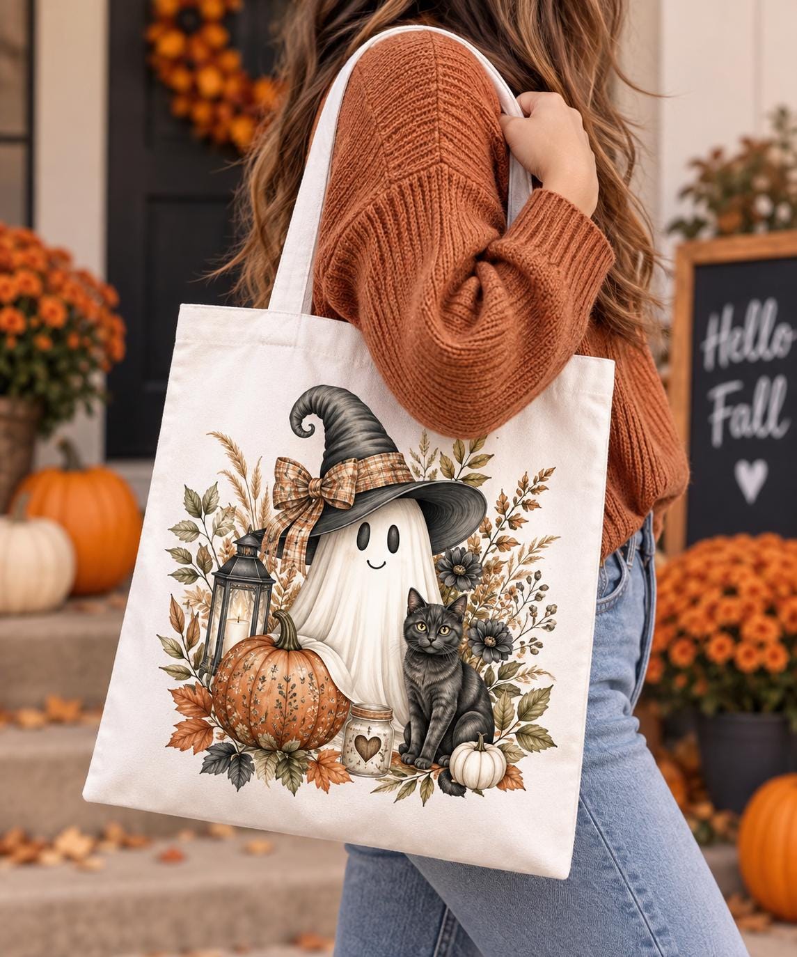 Halloween Ghost Tote Bag, Black Cat Witch Tote, Cute Spooky Season Bag, Pumpkin Fall Tote, Halloween Gift for Her
