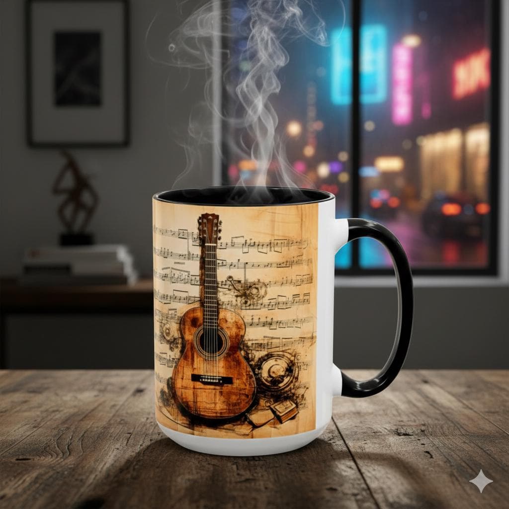 Vintage Acoustic Guitar Mug | Sheet Music Coffee Mug 15 oz