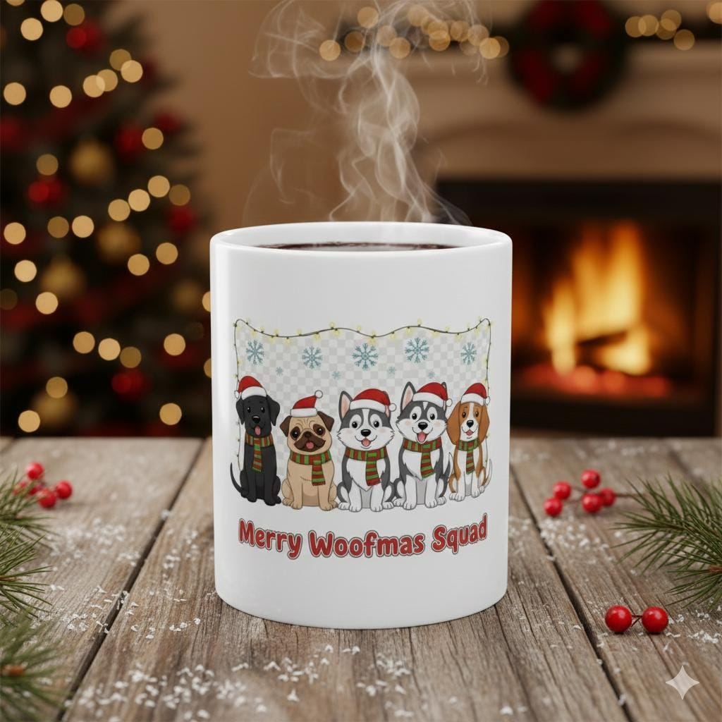 Merry Woofmas Squad Mug | Christmas Dog Illustration Ceramic Mug 11 oz