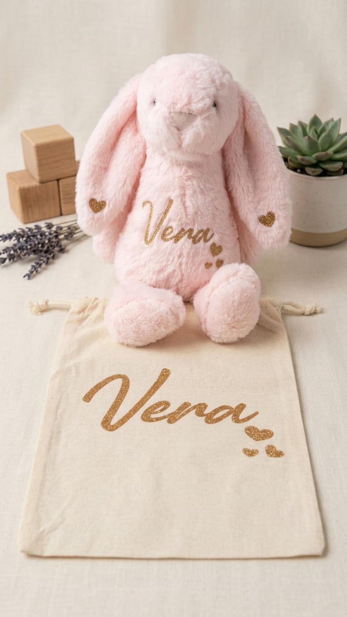 Personalized Pink & Gold Bunny Gift Set with personalized matching canvas pouch