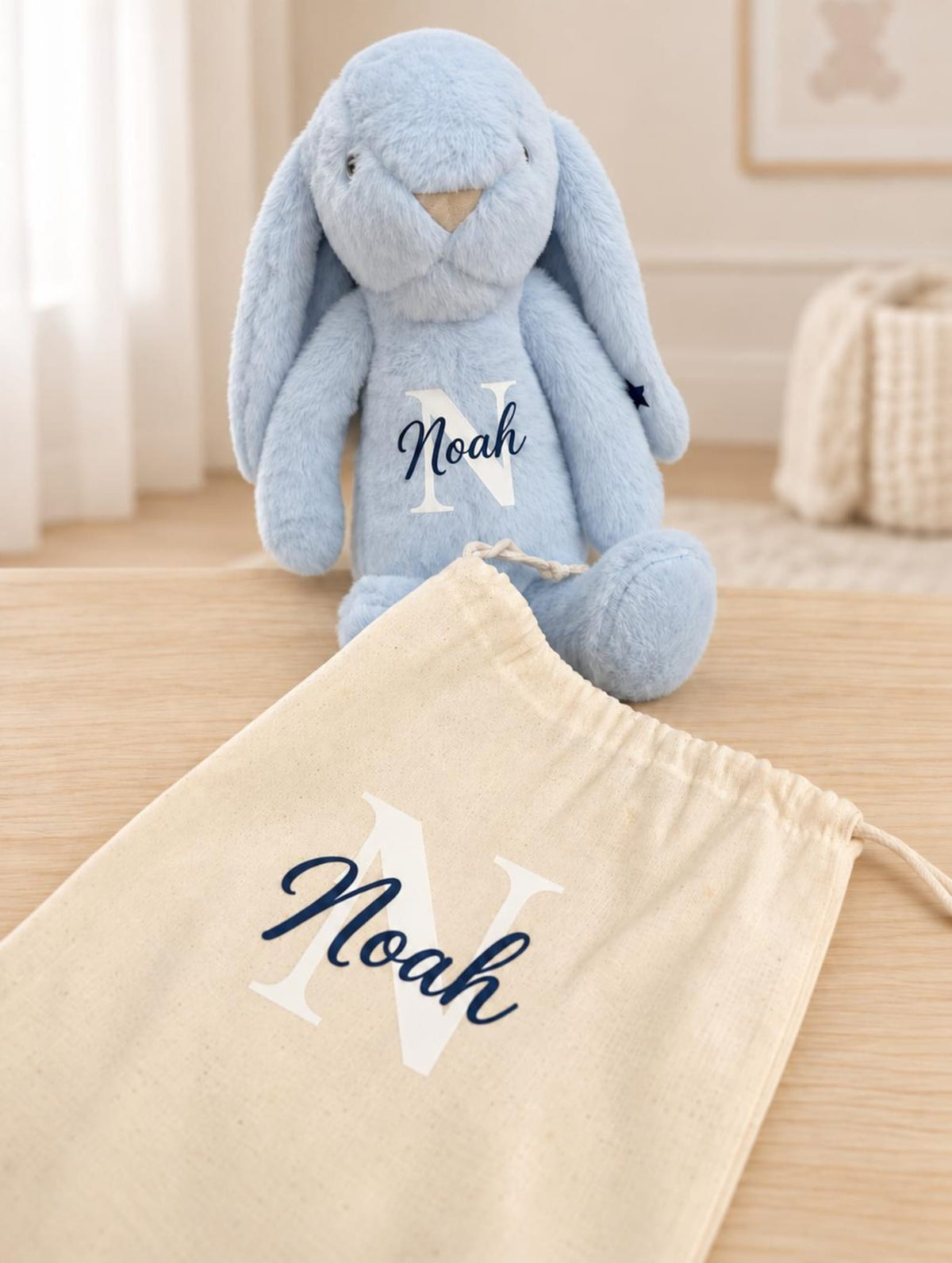 Personalized Blue Initial Bunny Gift Set with personalized matching canvas pouch